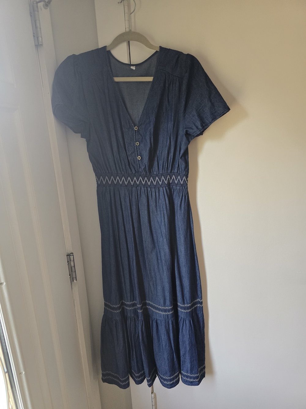 Denim Blue V-Neck Midi Dress with Smocked Waist